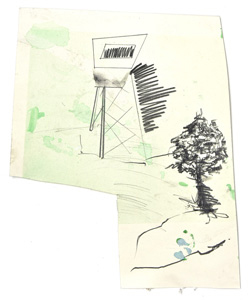Papierarbeit Kuhlmann o.T. (landschaft mit wachturm), 2016
